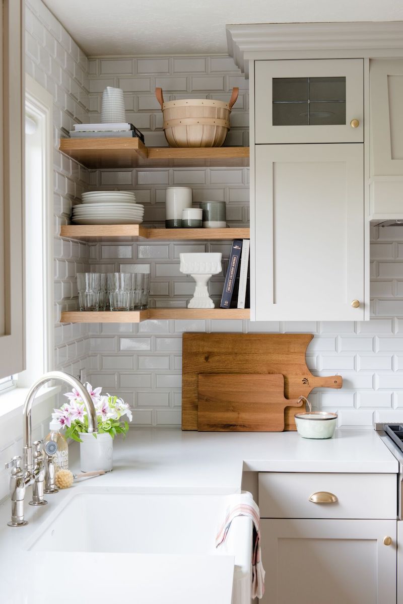 Neutral Kitchen With Natural Wood Open Shelving Via StudioMcGee 