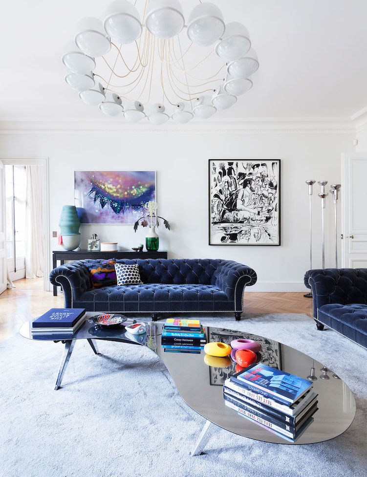 Chesterfield Sofa in Paris Living room with Mirrored Coffee Table by Sandra Benhamou