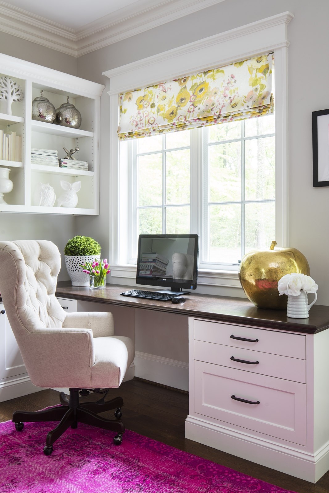 Bright pink overdyed rug in cream office via Martha O'Hara Interiors