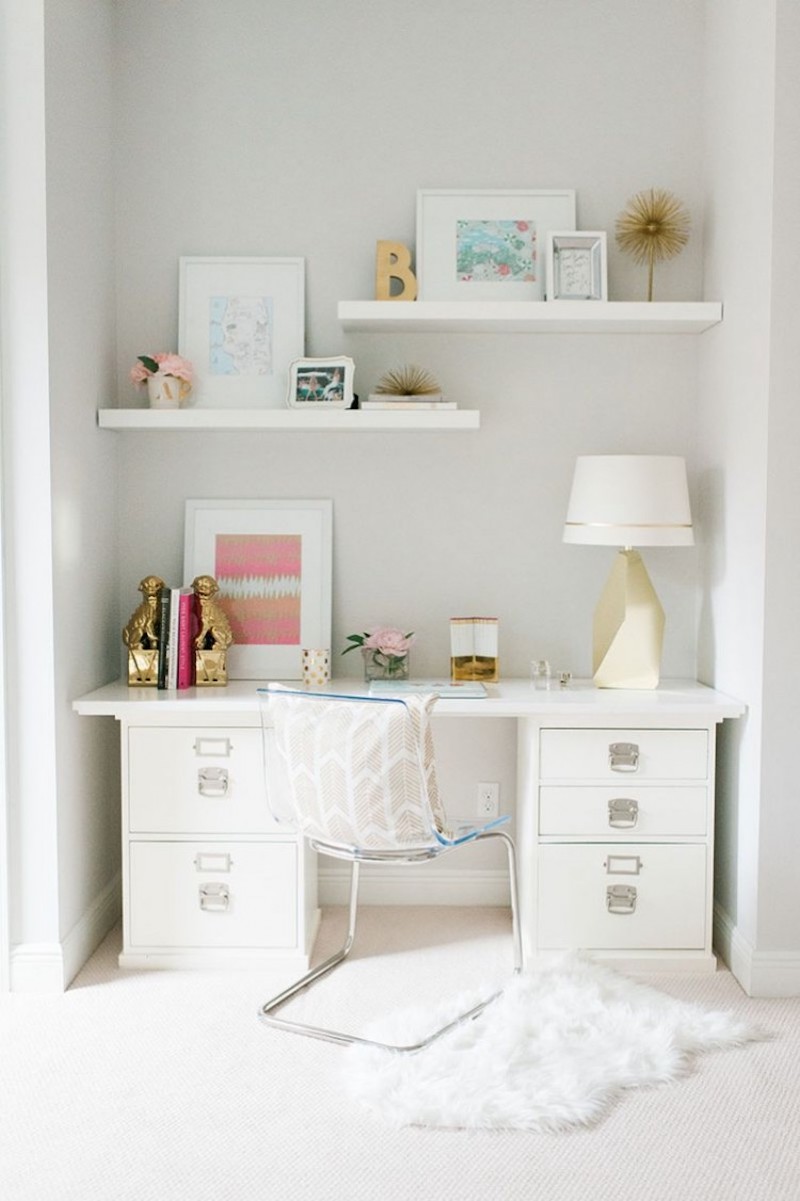 Lucite office chair with white desk via the every girl