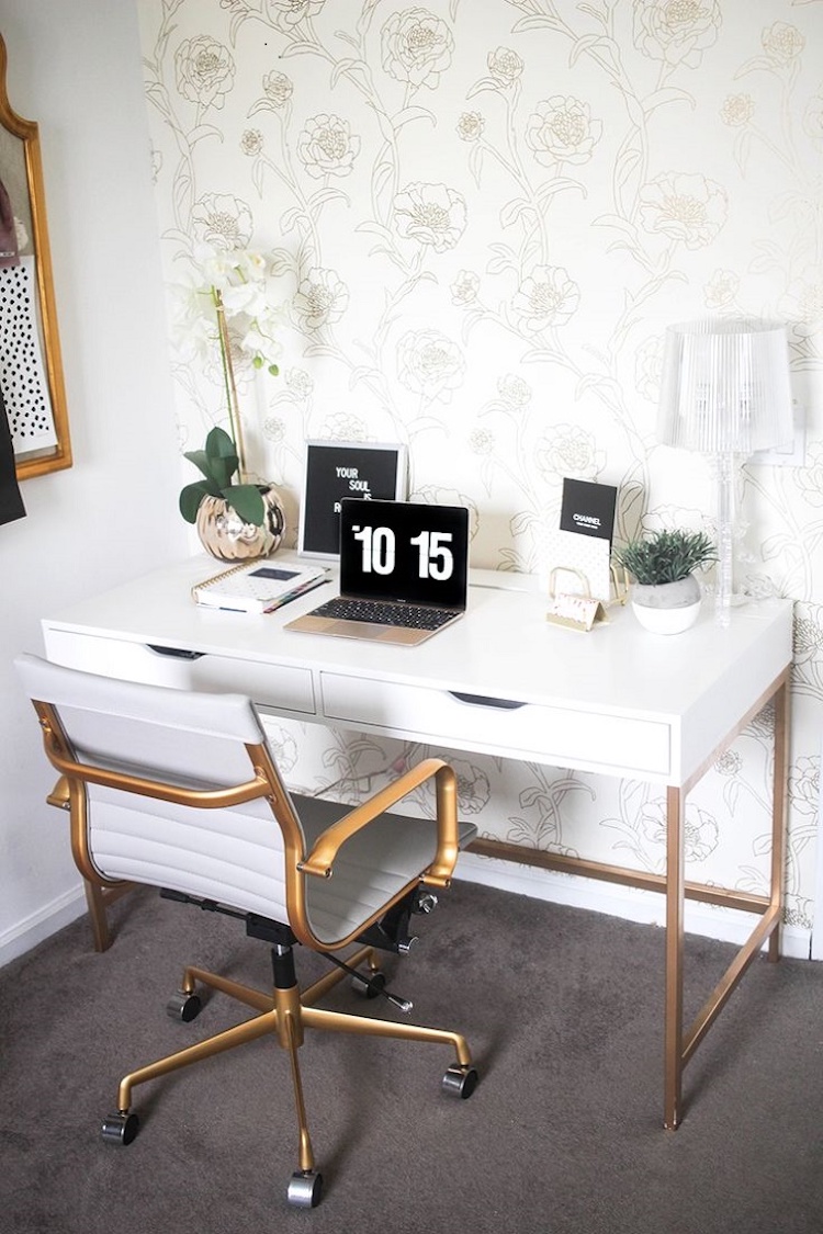 Two drawer white desk with brass legs