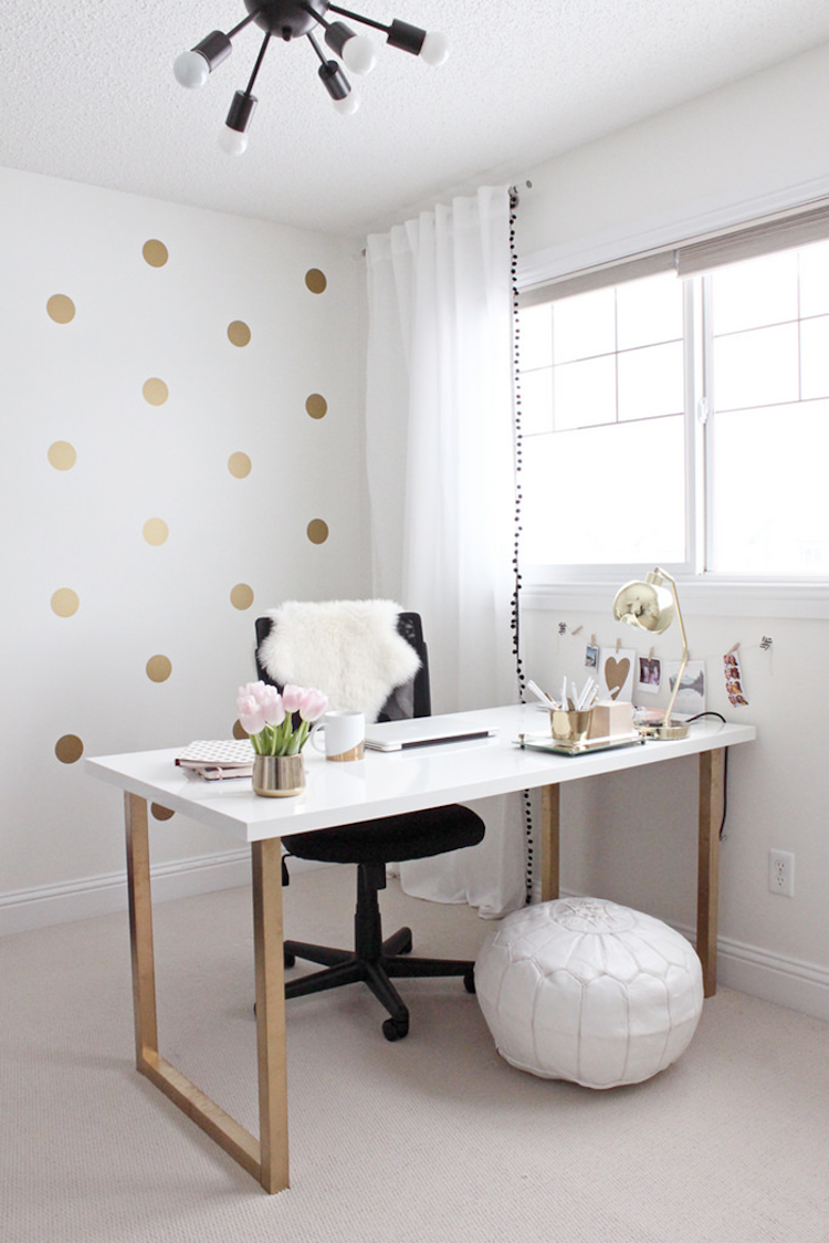 White ikea desk with gold legs, gold polkadot wallpaper