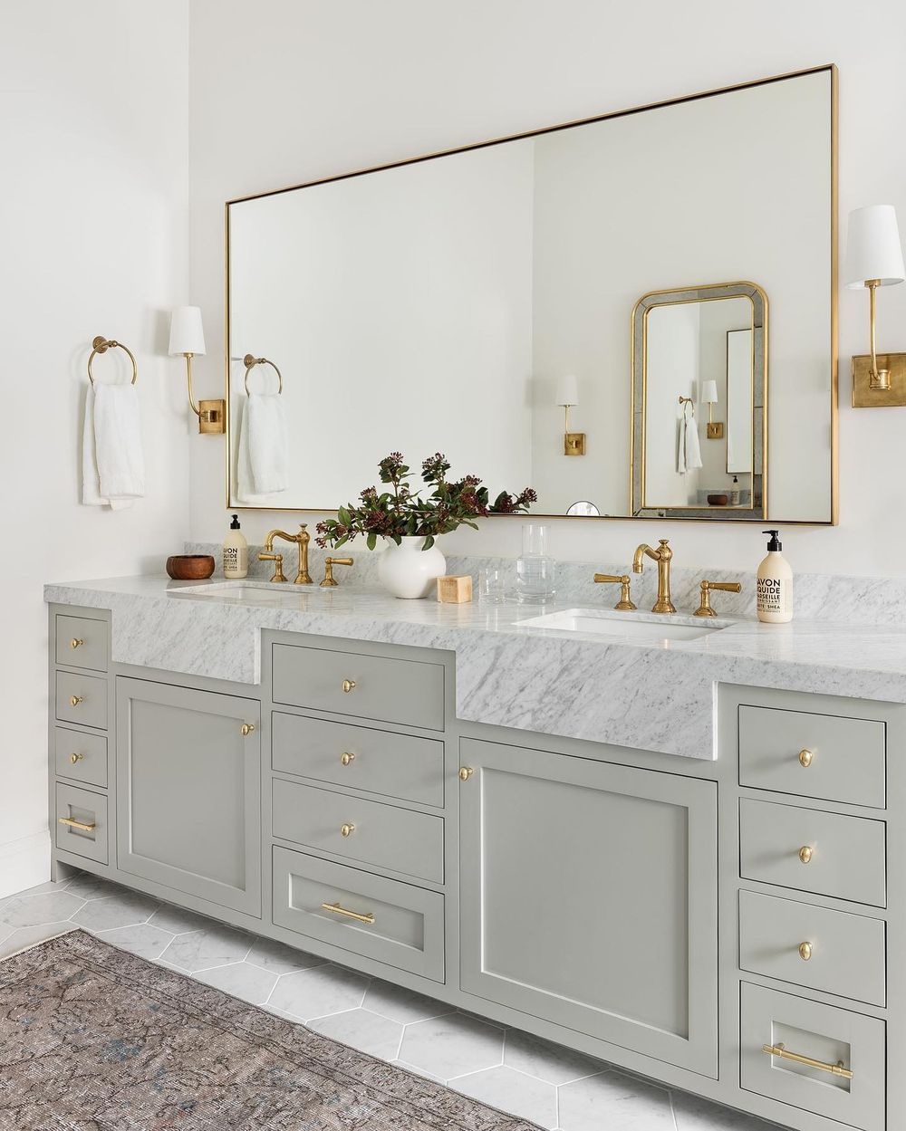 Double bathroom vanity sage green cabinets marble countertops @studiomcgee