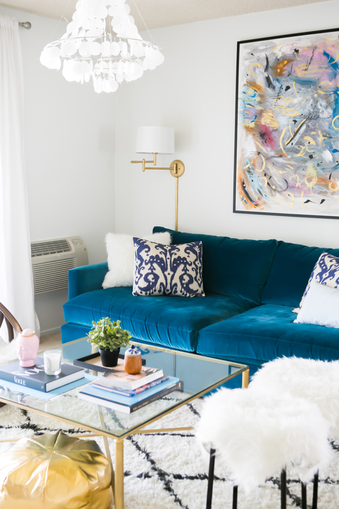 Living Room with Blue Velvet Couch