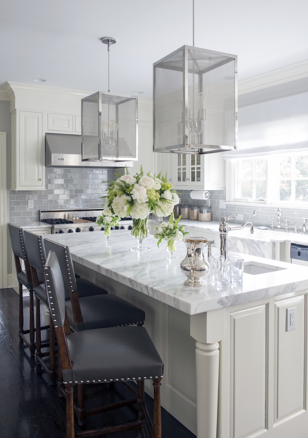 White Marble Kitchen with Grey Tiled Backsplash