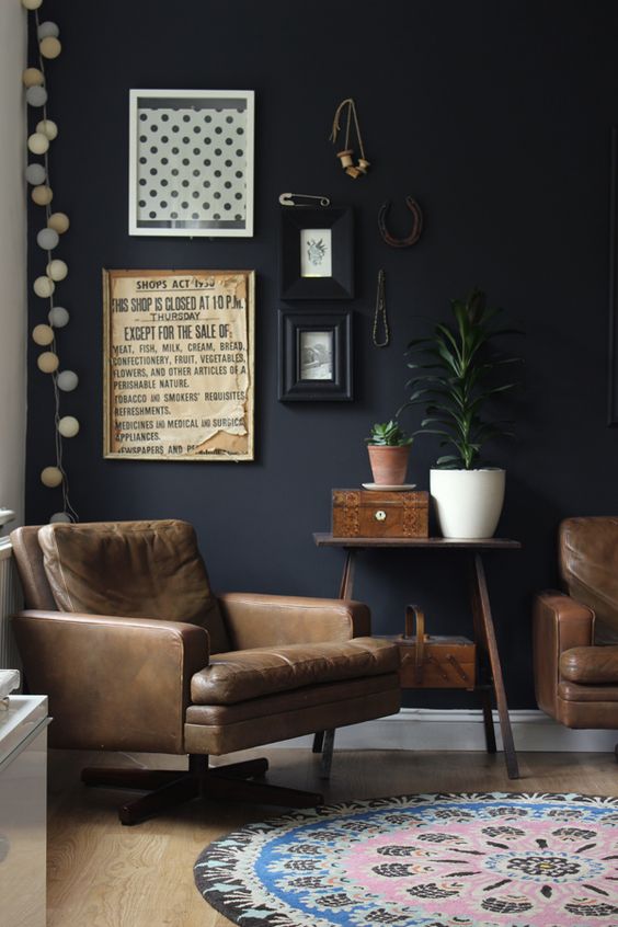 Black Wall Interior brown leather chair