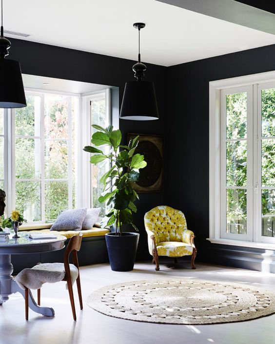 Black Wall Interior large windows lots of light