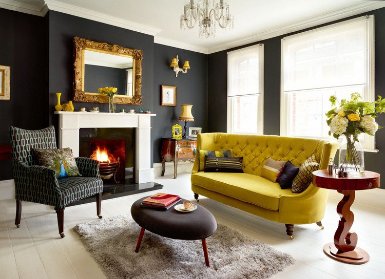 Black Wall Interior mustard yellow sofa