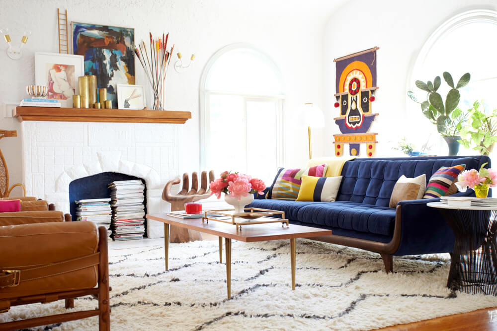 Blue Velvet Sofa in Emily Henderson's Living Room