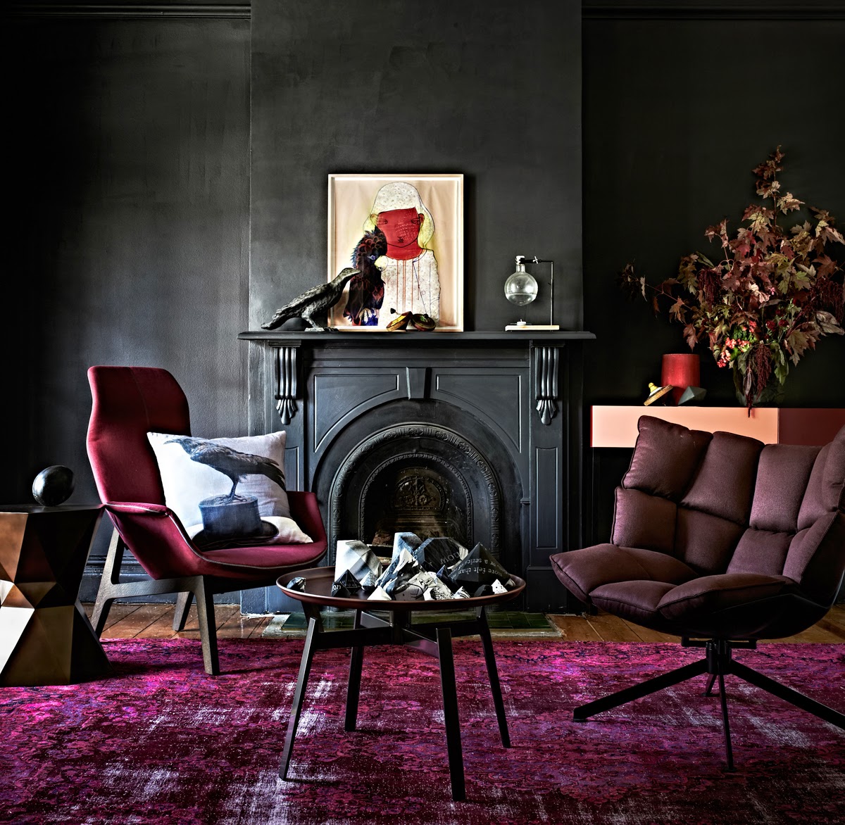 Black Wall Interior with Black Fireplace