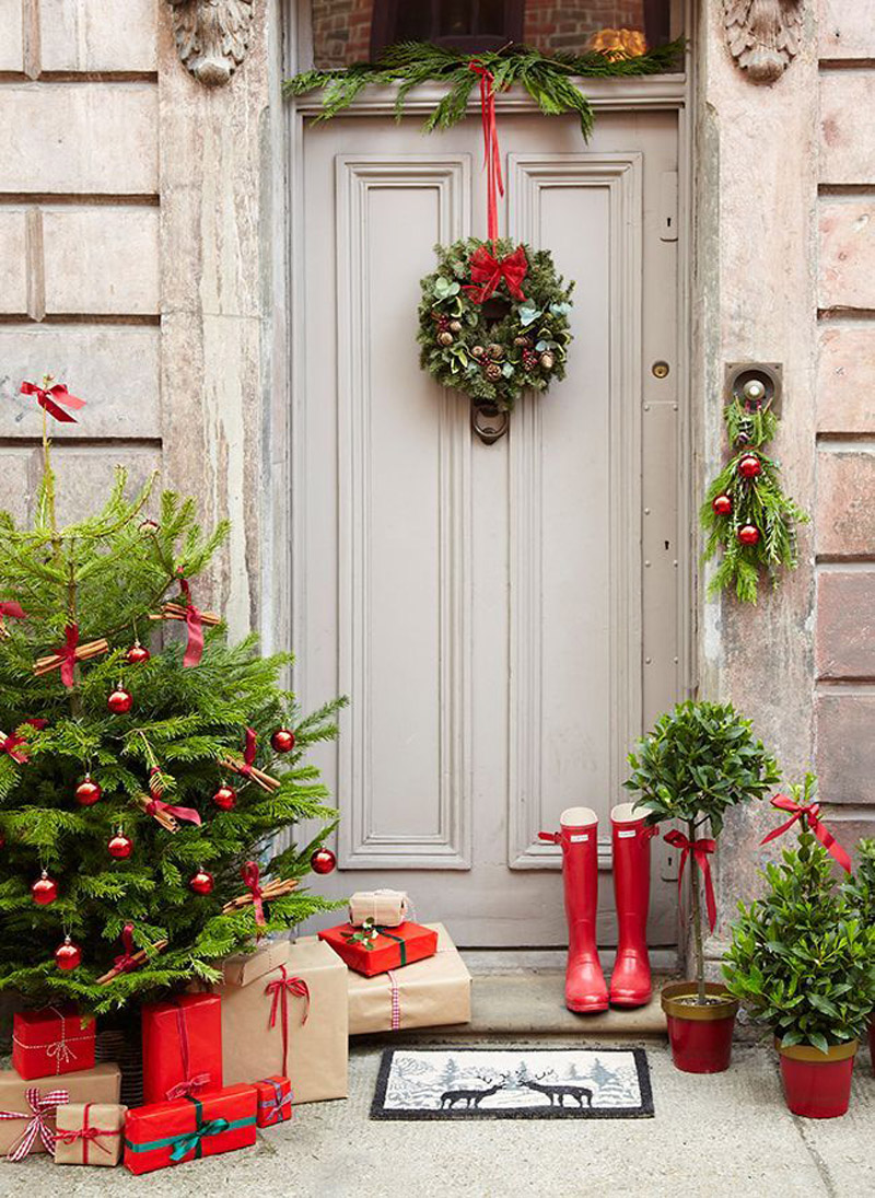 Christmas Front Door with Tree and Presents