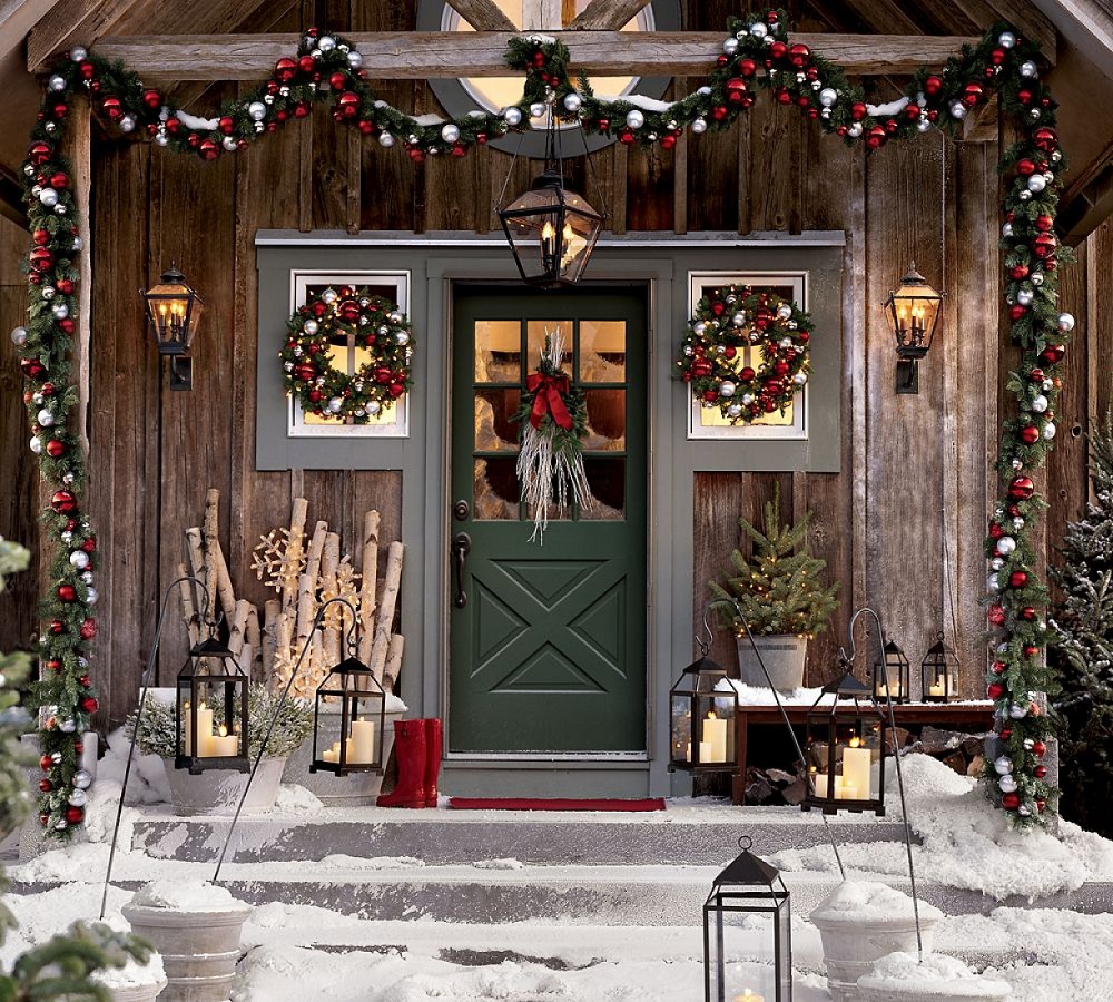 Christmas Front Porch with Green Front Door