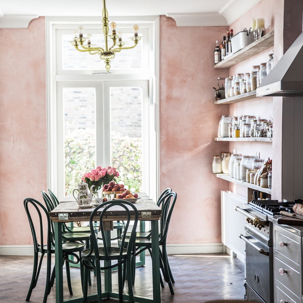 Country Dining Room with Open Shelving and Pink Walls