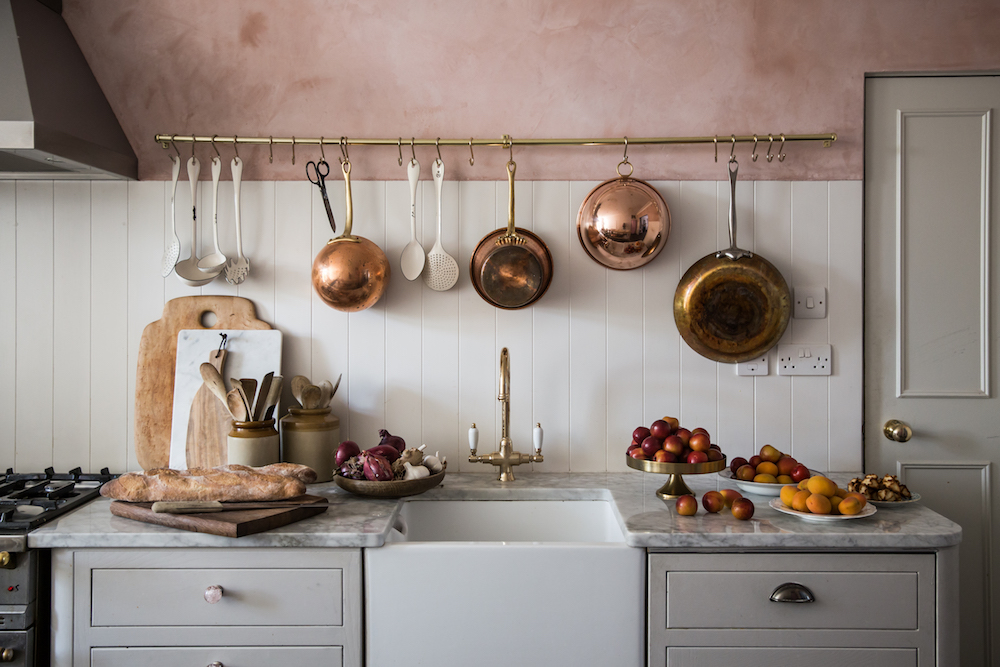 Country Kitchen with rose gold pans