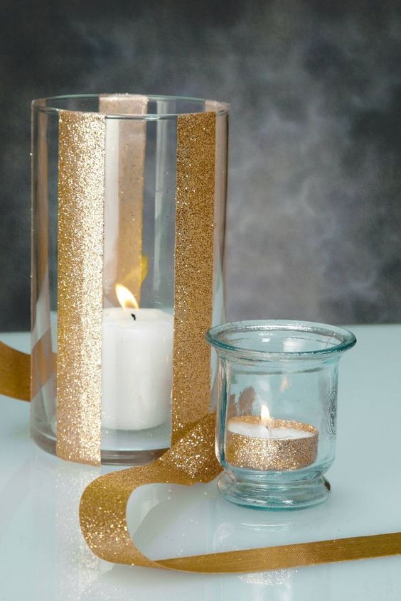 Easy Christmas Decor: Gold Glitter Ribbon Around White Candle