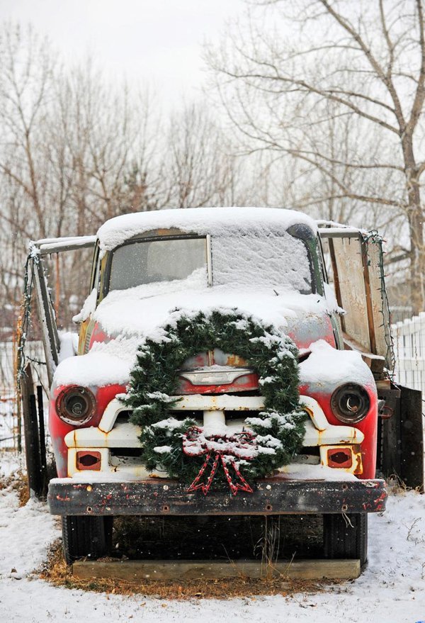 Old Red Car with Christmas Wreath