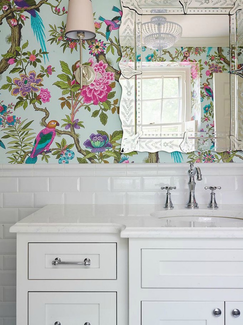 Venetian Mirror With Floral Wallpaper