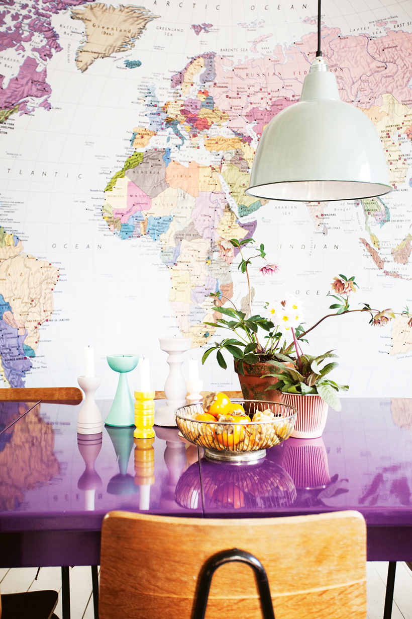 Wall Mural Map with Purple Dining Table