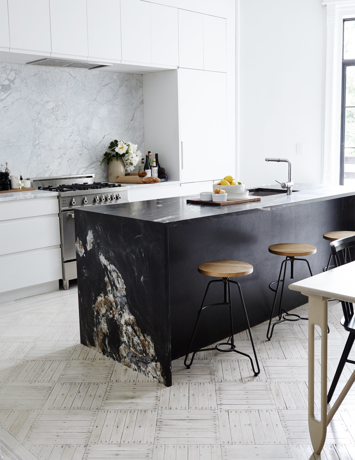 Black Marble Kitchen Island in a Minimal Brooklyn Retreat