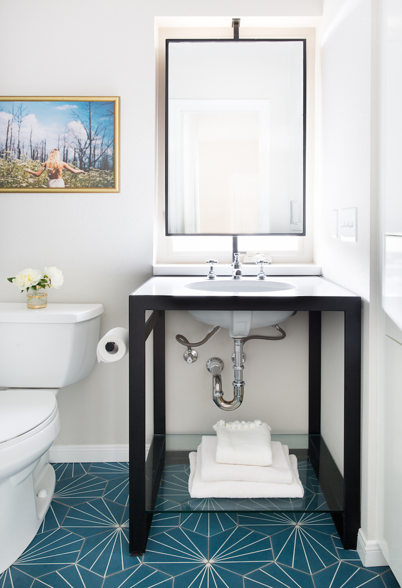 Claire Zinnecker Bathroom with turquoise floor tiling