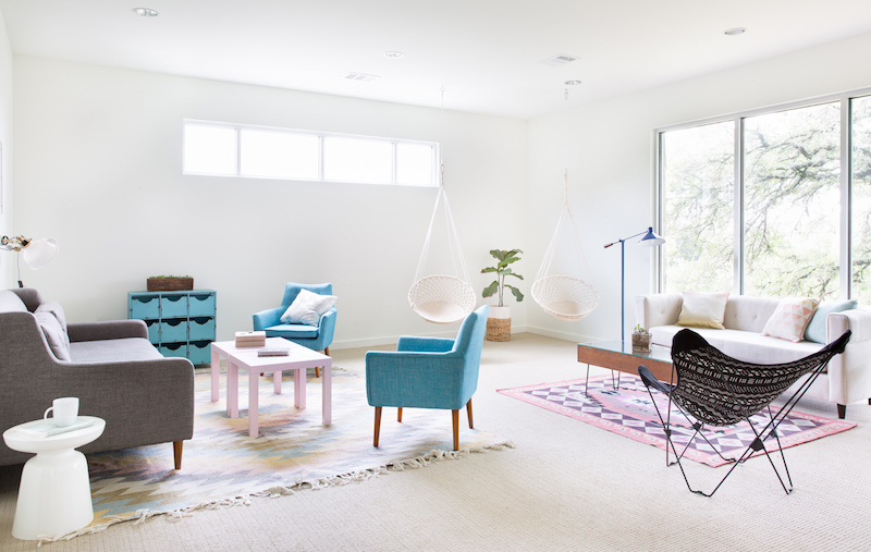 Claire Zinnecker Hanging chairs and pastel furniture living room