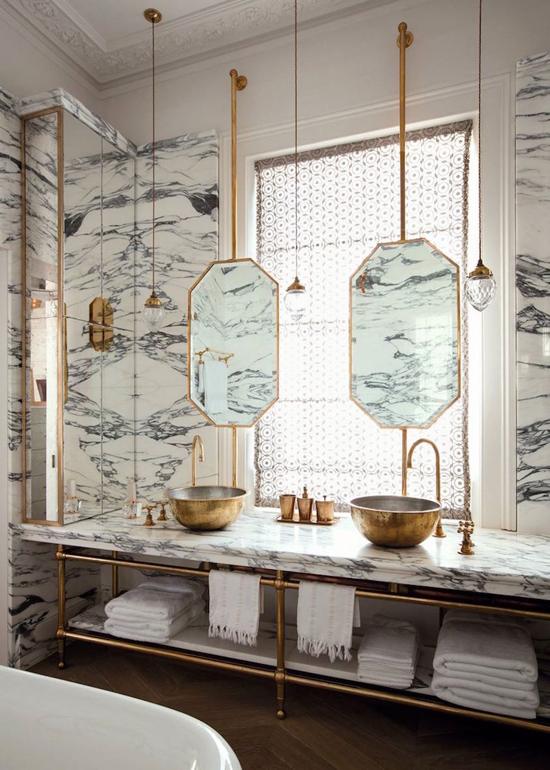 Double Marble Bathroom with Gold Brass Fixtures