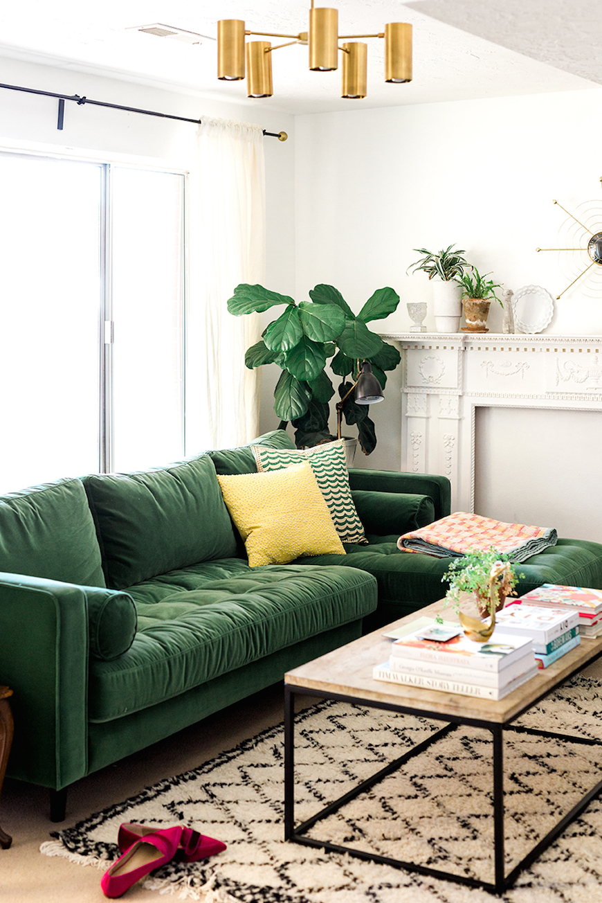 Green Sofa With Natural Wood Coffee Table 