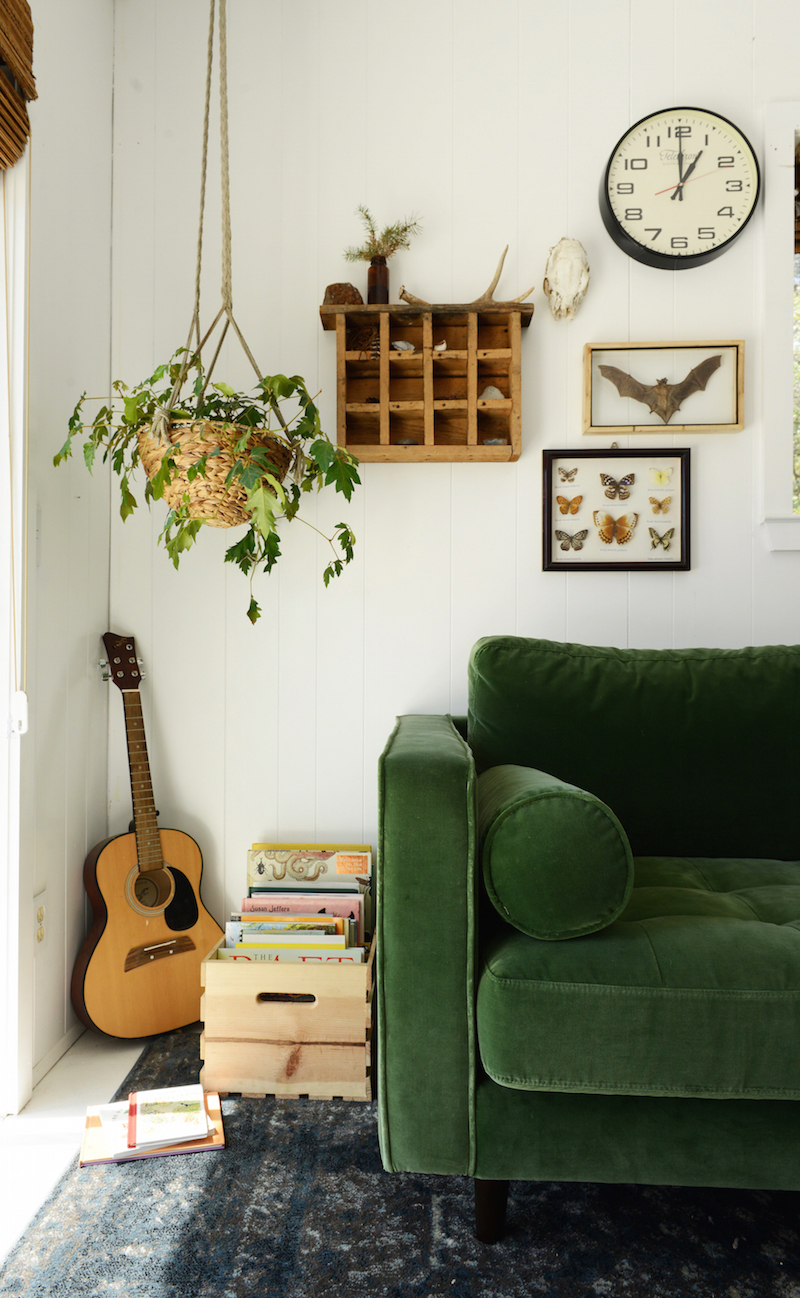 Boho living room Green Velvet Sofa with Hanging House Plant