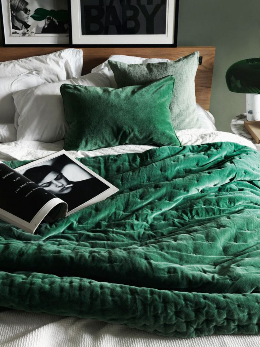 Green Velvet Throw on Bed
