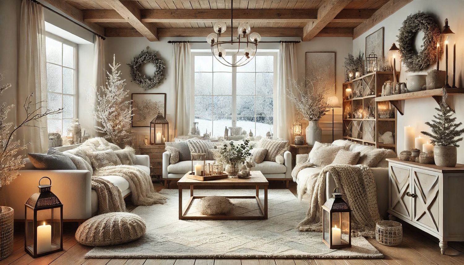 January modern farmhouse living room decorated for winter