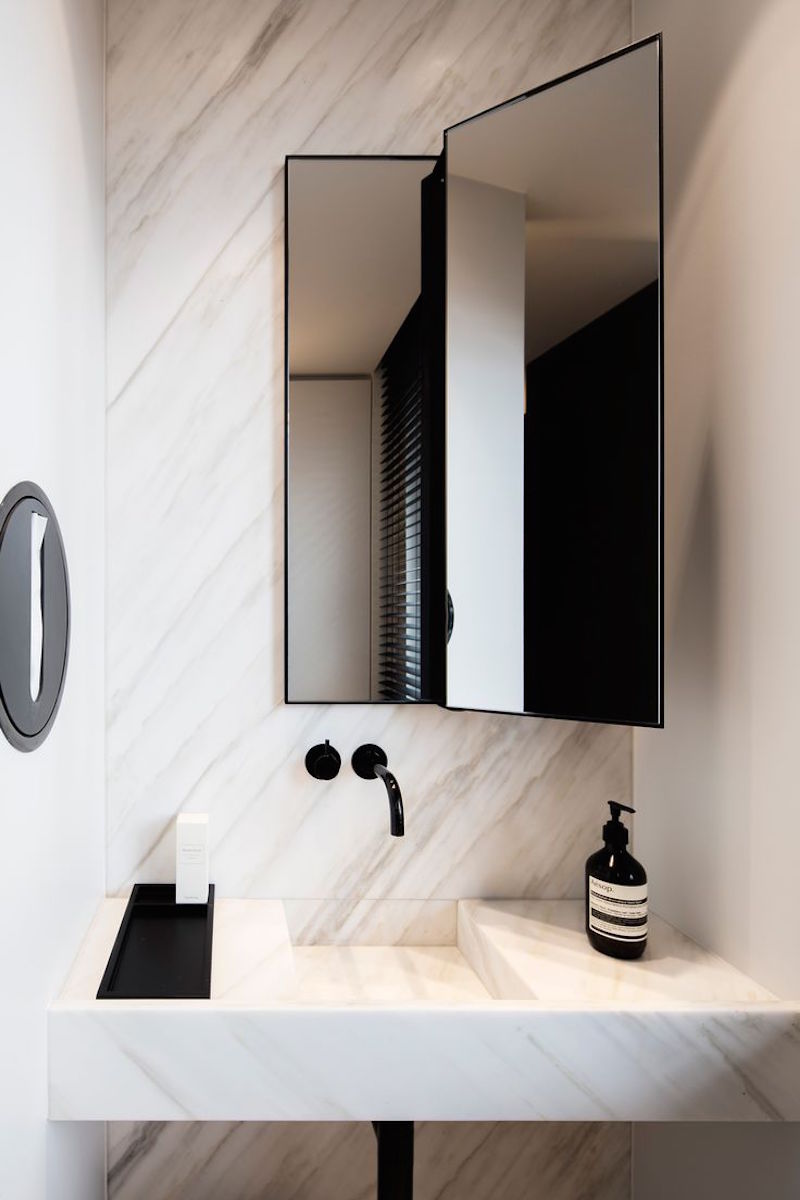 Marble Bathroom Sink with Black Faucet