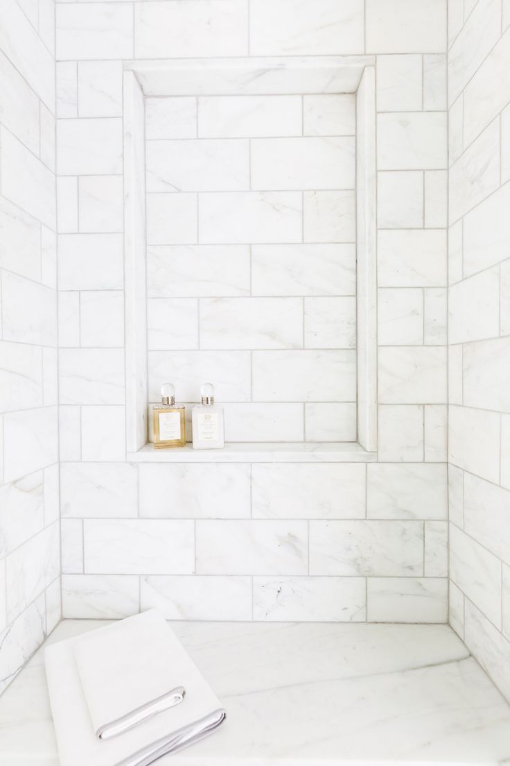 Marble Tile Shower with Shelf