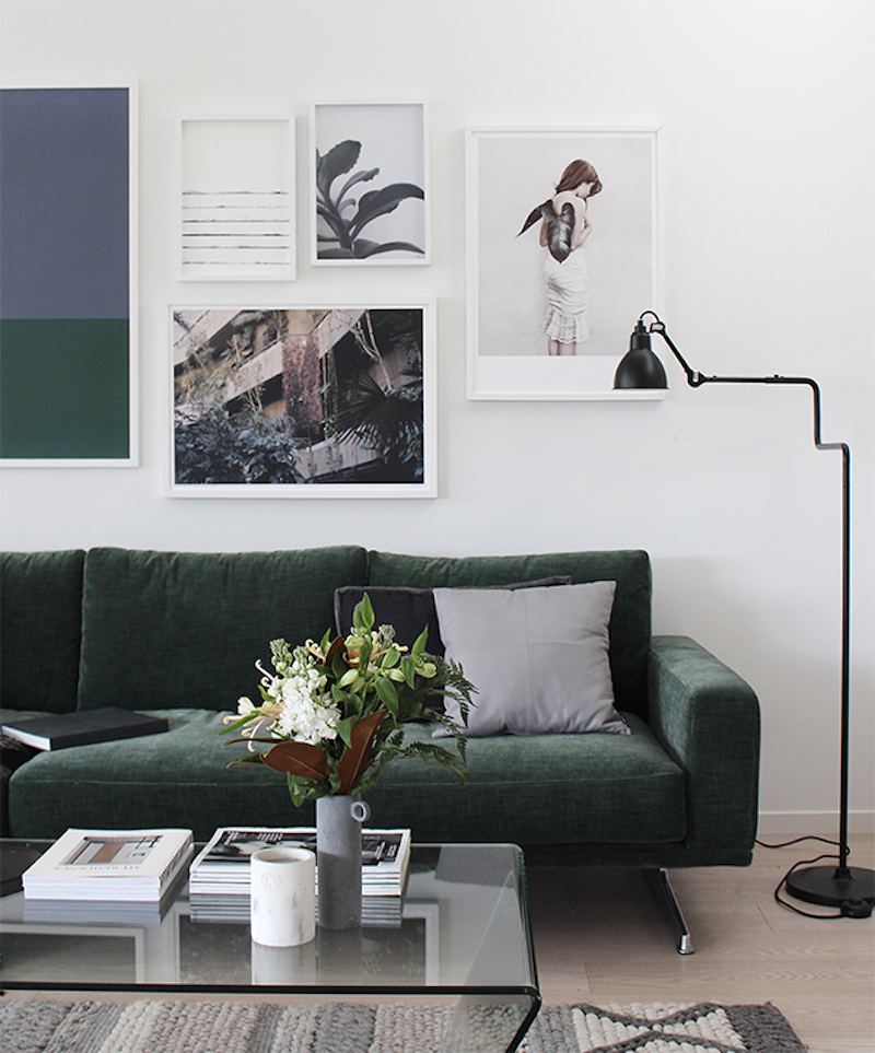 Muted Green Velvet Sofa with White Gallery Wall