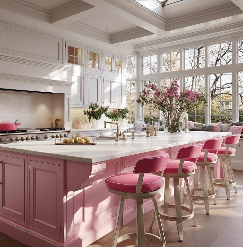 Pink kitchen design island counter chairs theevansedit
