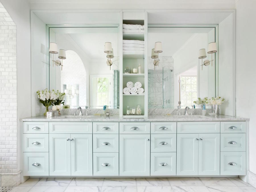 White Marble Vanity Top with Mint Green Cabinets