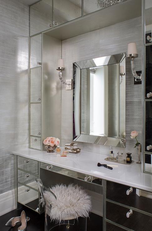 Mirrored vanity station with fur stool via Wendy Labrum Interiors