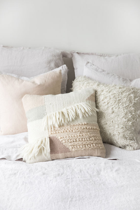 Muted neutrals pillows for bed via Design Love Fest