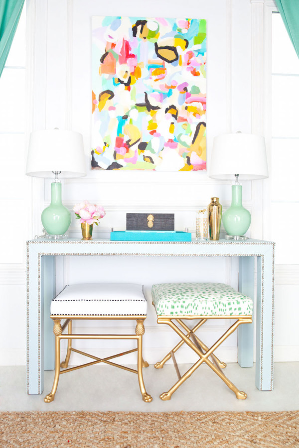 Pastel Blue and Green Entryway with Abstract colorful artwork