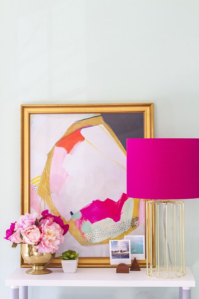 Pink lamp Entryway with Girly Abstract Art via dreamgreendiy.com