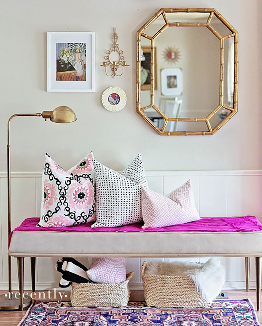 Soft grey bench with gold mirror entryway via recentlytheblog