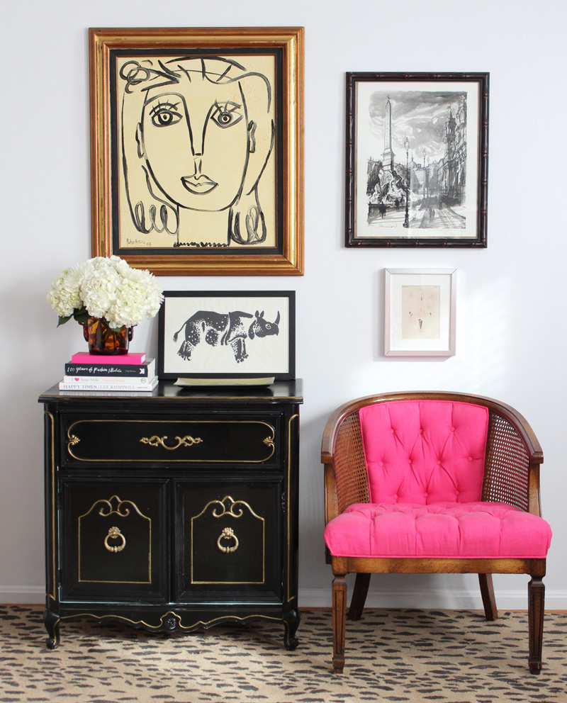 Vintage Entryway with gallery wall and pink chair by Lindsay Speace