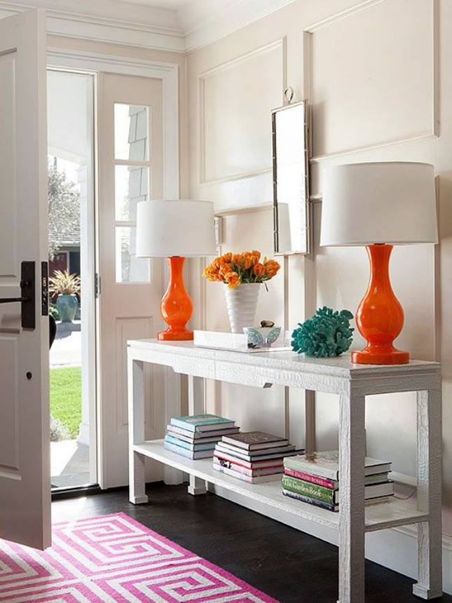 White Entryway with Double Orange Lamps