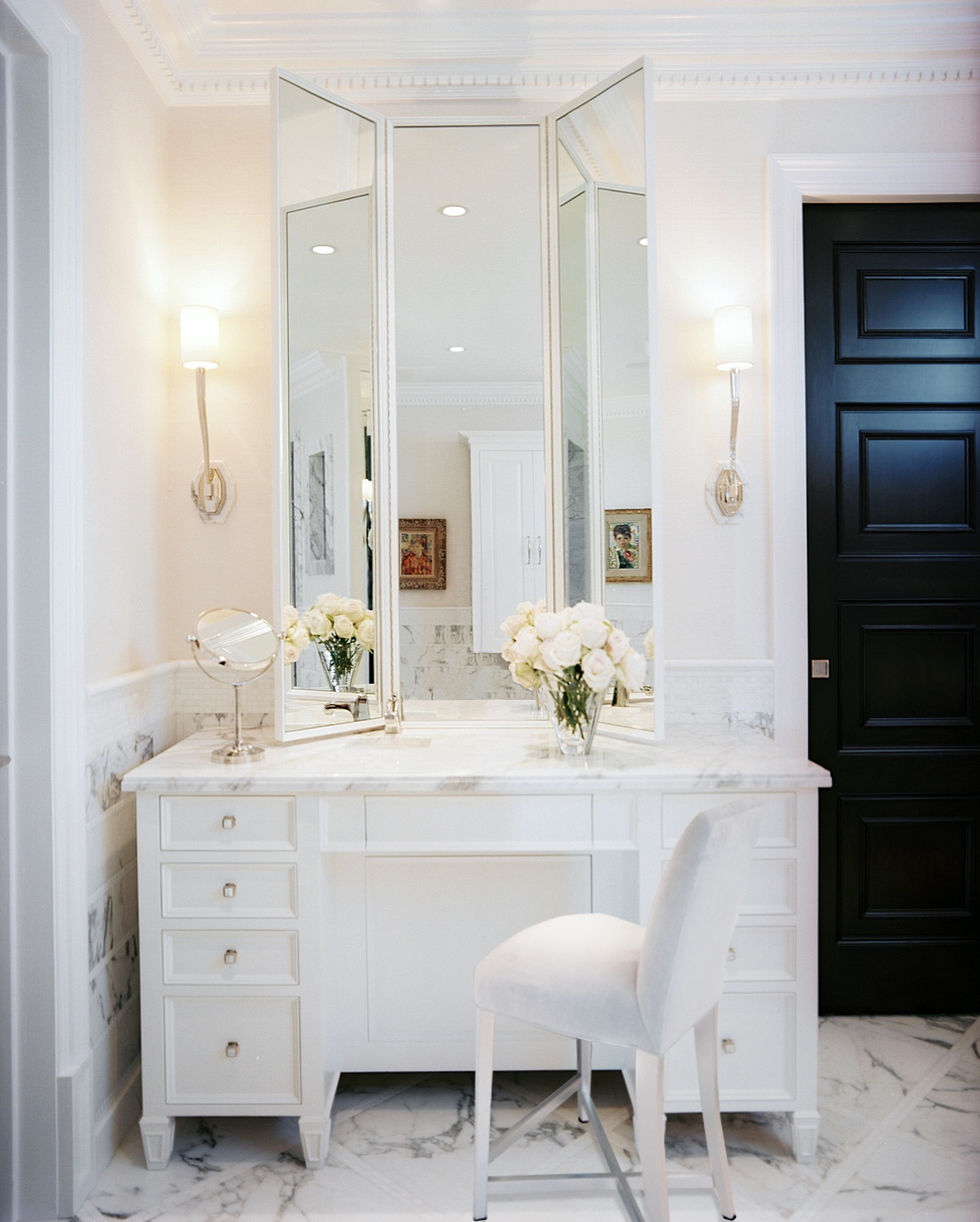 White Marble Vanity With Trifold Mirror 