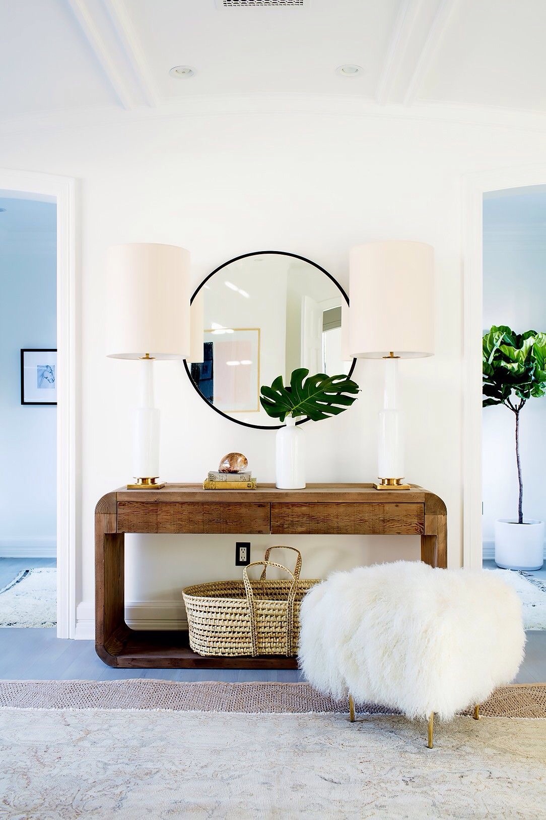 Wooden console table entryway with fur stool