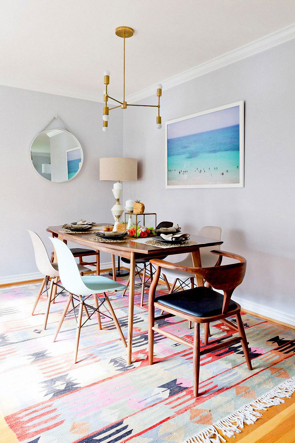 Colorful dining room with mid-century chairs