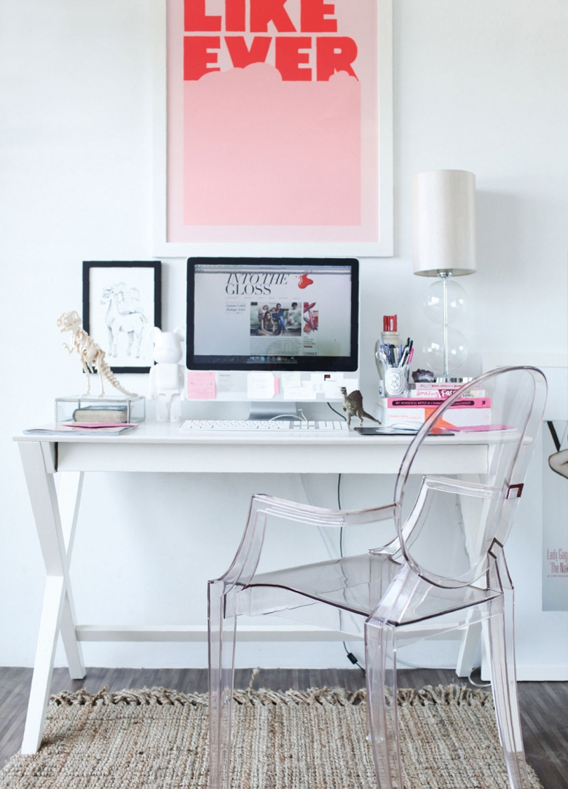 Lucite chair girly home office desk ideas via Made by Girl