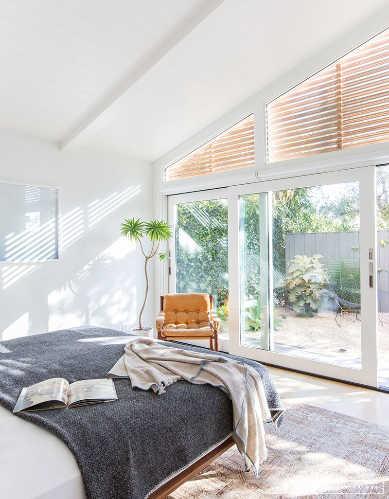 Minimalist Mid-Century Bedroom with grey blanket