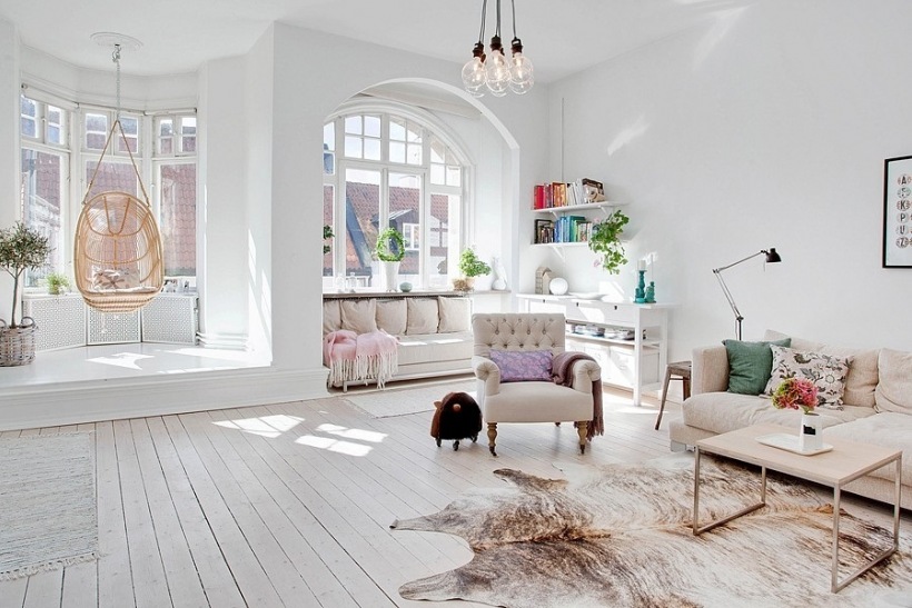 Neutral living room with hanging chair