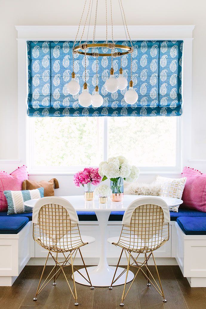 Preppy dining room nook in blue and pink