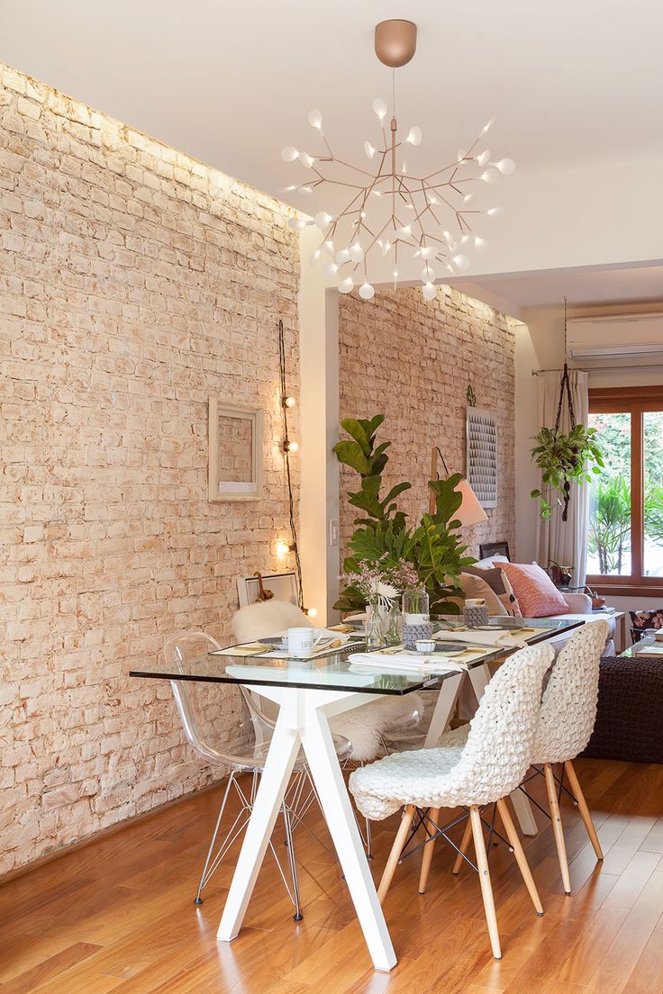 White brick wall dining room